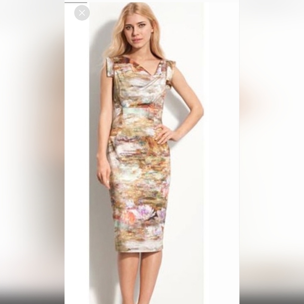 Black Halo Mini Dress Jackie O Tan Blue Green Purple Floral Watercolor Size 4
